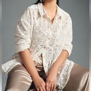 Anthropologie Cream Lace Button Down Shirt